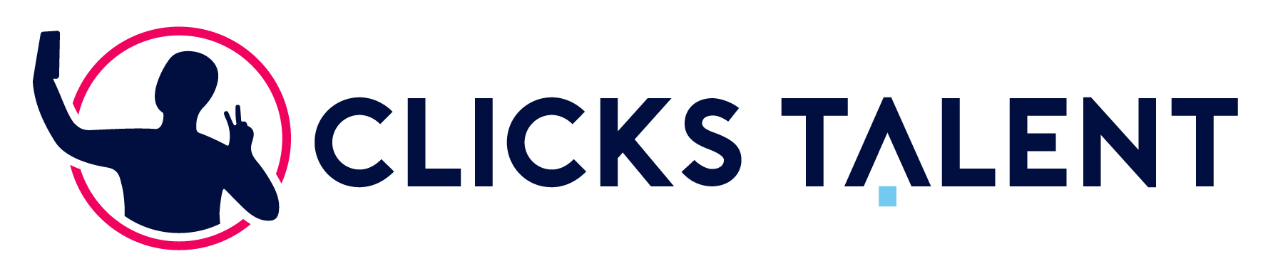 Logo with a person reaching towards a pink circle, and text reading 'CLICKS TALENT'.