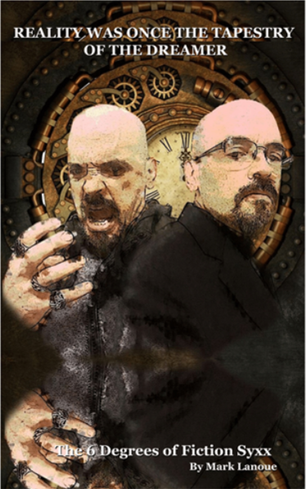 Two men with intense expressions, one with glasses and a beard, the other bald, in front of a clock background.