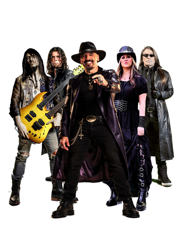 Group of five musicians, one holding a yellow bass guitar, posing confidently with a white background.