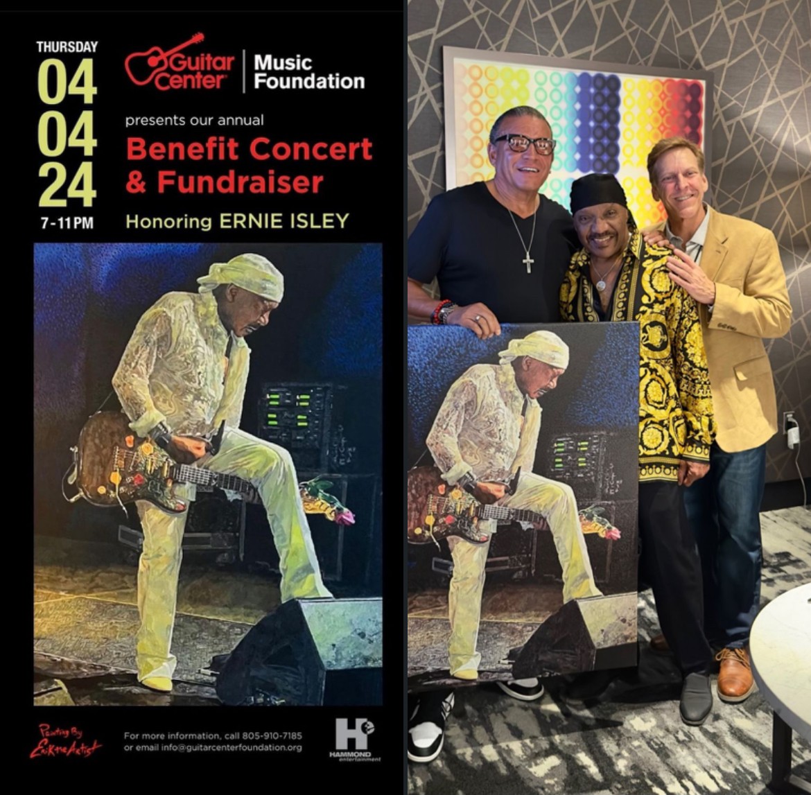 Event poster for a benefit concert and fundraiser honoring Ernie Isley, with a photo of a guitarist performing on stage and a group photo of three people at the event.