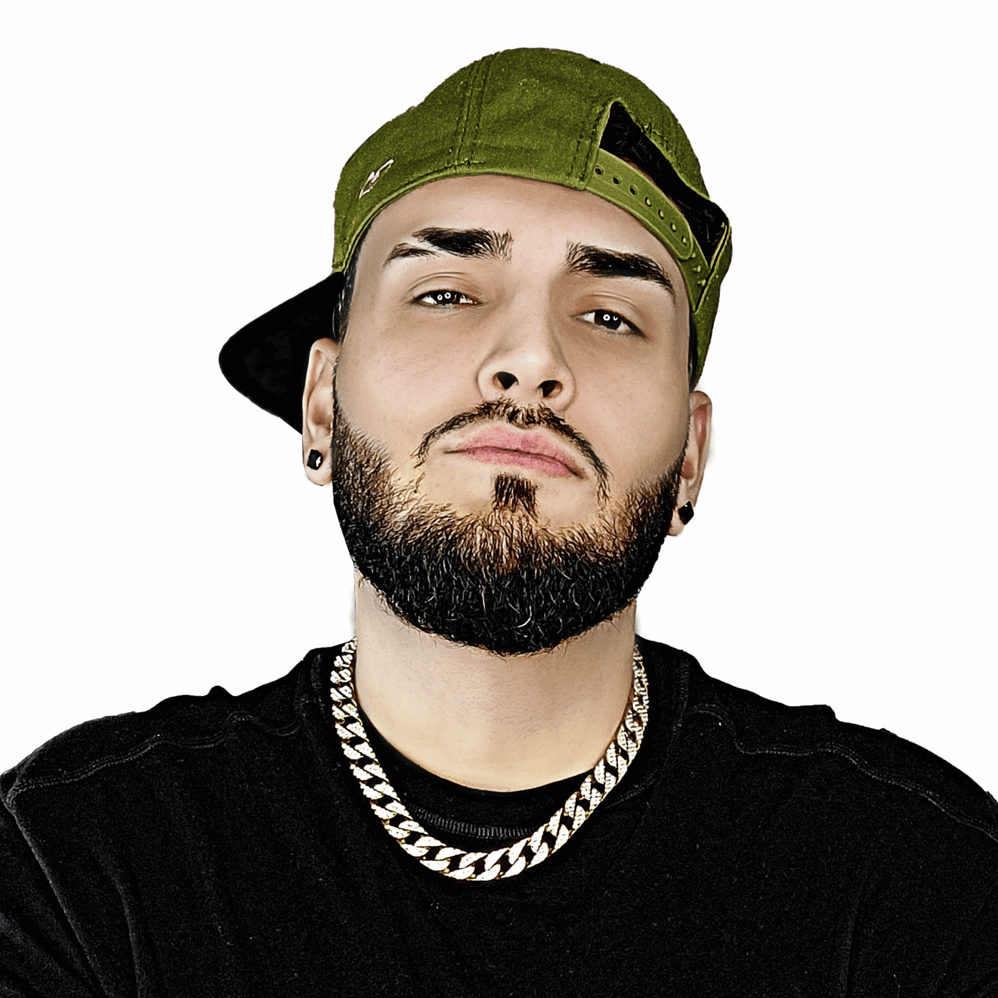 Young man with a beard, wearing a green cap backwards, black shirt, and a chain necklace, looking at the camera.