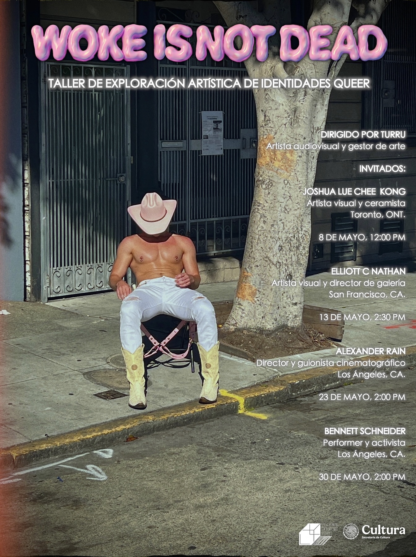 Person sitting on a bench with a hat, in front of a building with a sign reading 'WOKE IS NOT DEAD' and event details.