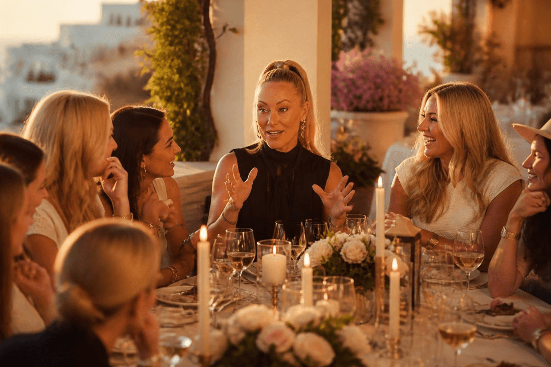 Group of women and children gathered around a table outdoors, listening to a woman speaking, with candles and flowers on the table.