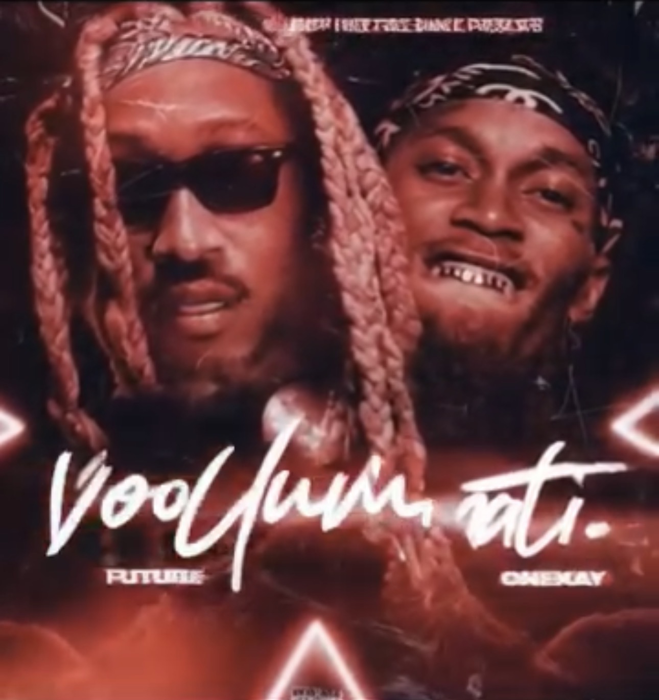 Two men with bandanas and sunglasses, one with dreadlocks, smiling with visible teeth, in a dark background with neon lights.