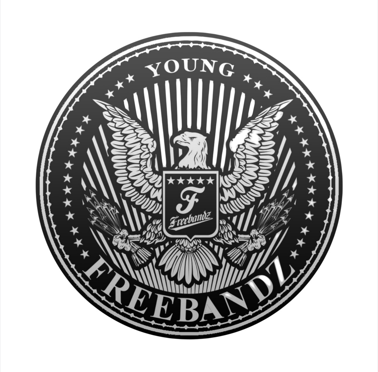 Black and white circular emblem with eagle, shield, and text, featuring stars and rays background.