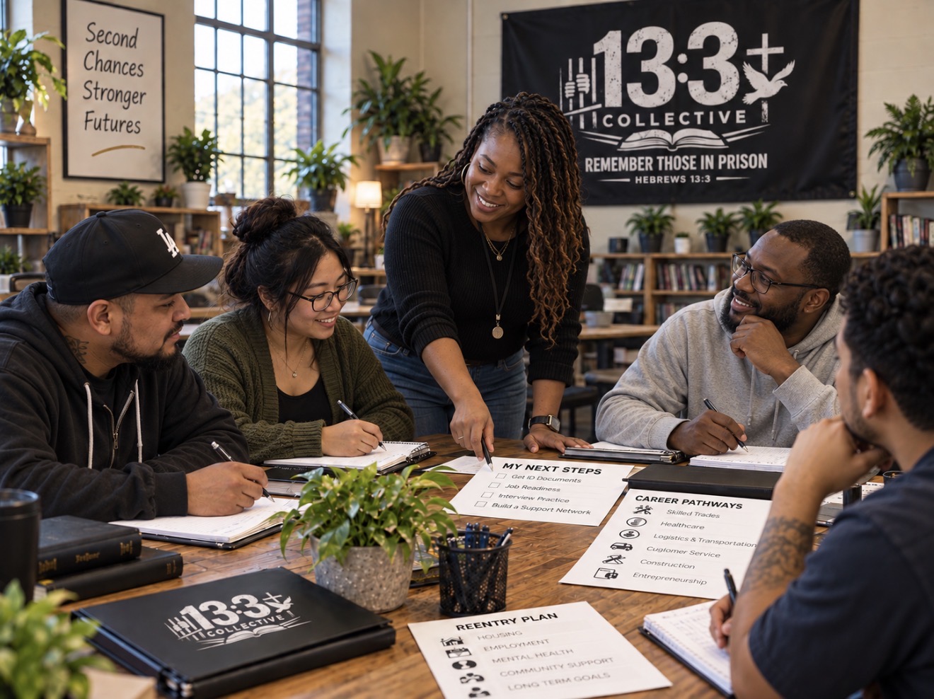 Group of five diverse people sitting around a table, smiling, with a woman standing and pointing at papers, in a room with bookshelves and banners.