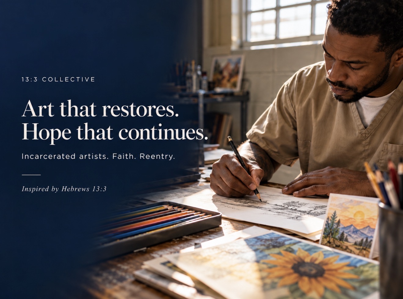 Man drawing at a desk with art supplies, sunlight coming through window, text about art and hope, inspired by Hebrews 13:3.