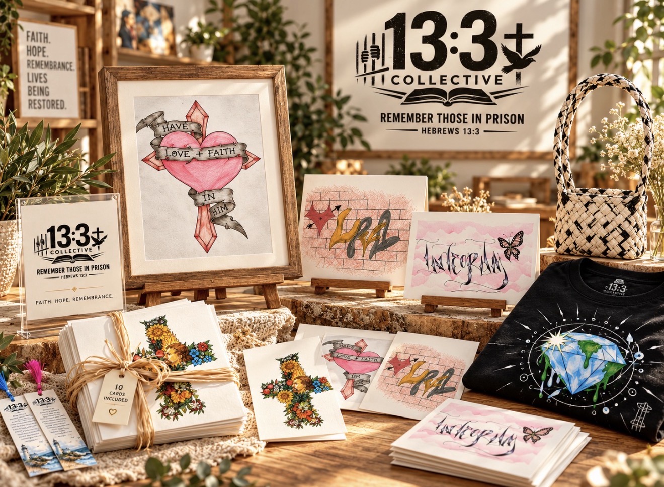 Display of artwork, books, and decorative items on a table, including framed pictures, a sign with '13:3+', and a black bag with a butterfly and globe design.