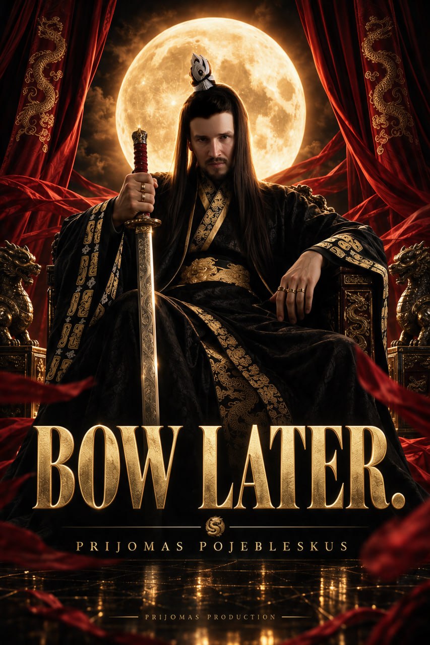 A man in traditional Asian attire sitting on a throne with a sword, a full moon behind red curtains, and a dragon motif.