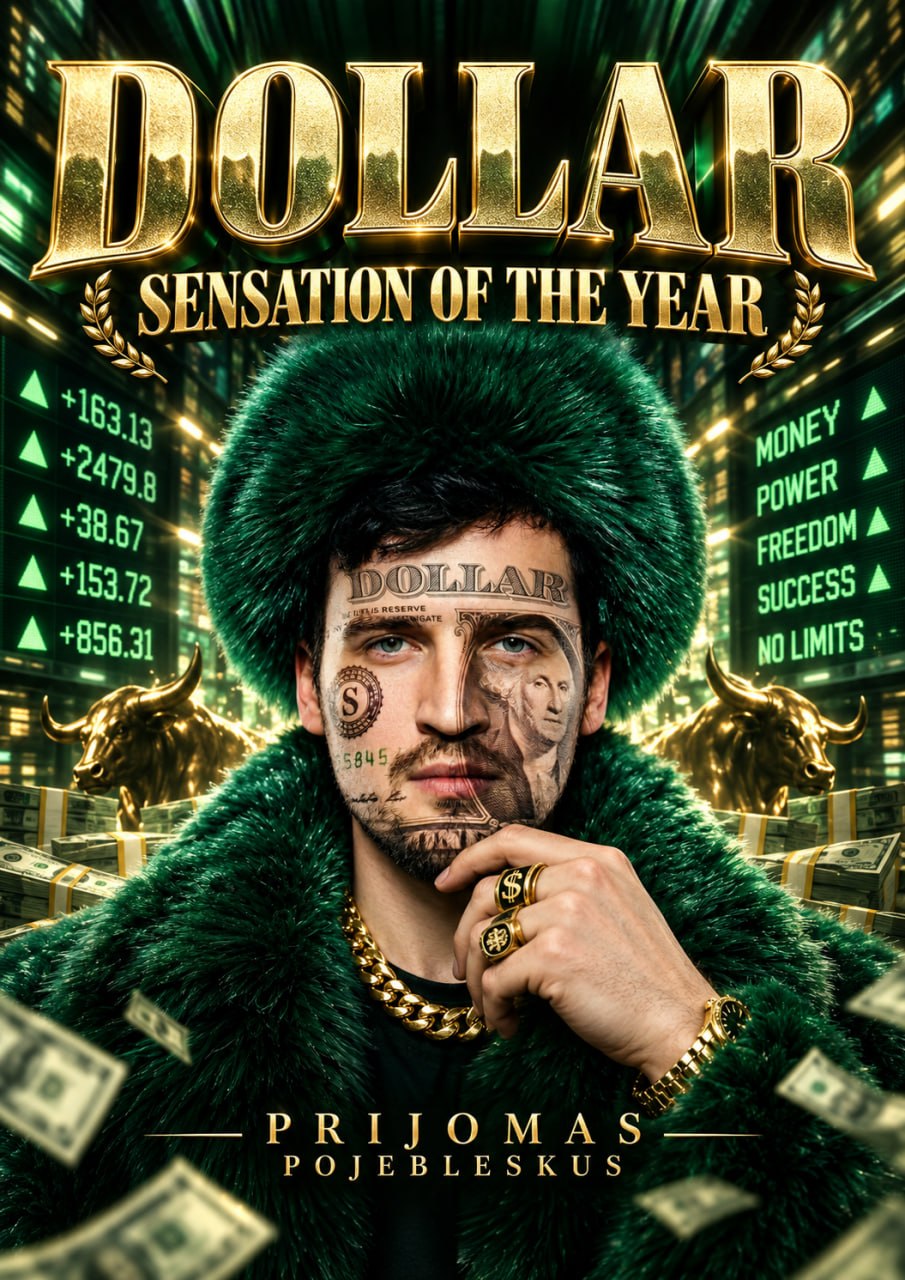 Book cover titled 'Dollar: Sensation of the Year' featuring a man with tattoos, a large green afro, and gold jewelry, surrounded by money and stock market symbols.