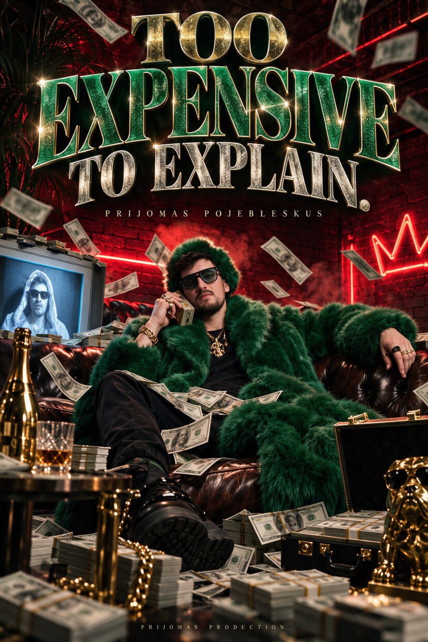 Person wearing green fur coat and sunglasses sitting on a couch surrounded by money and gold items, with a neon sign in the background.