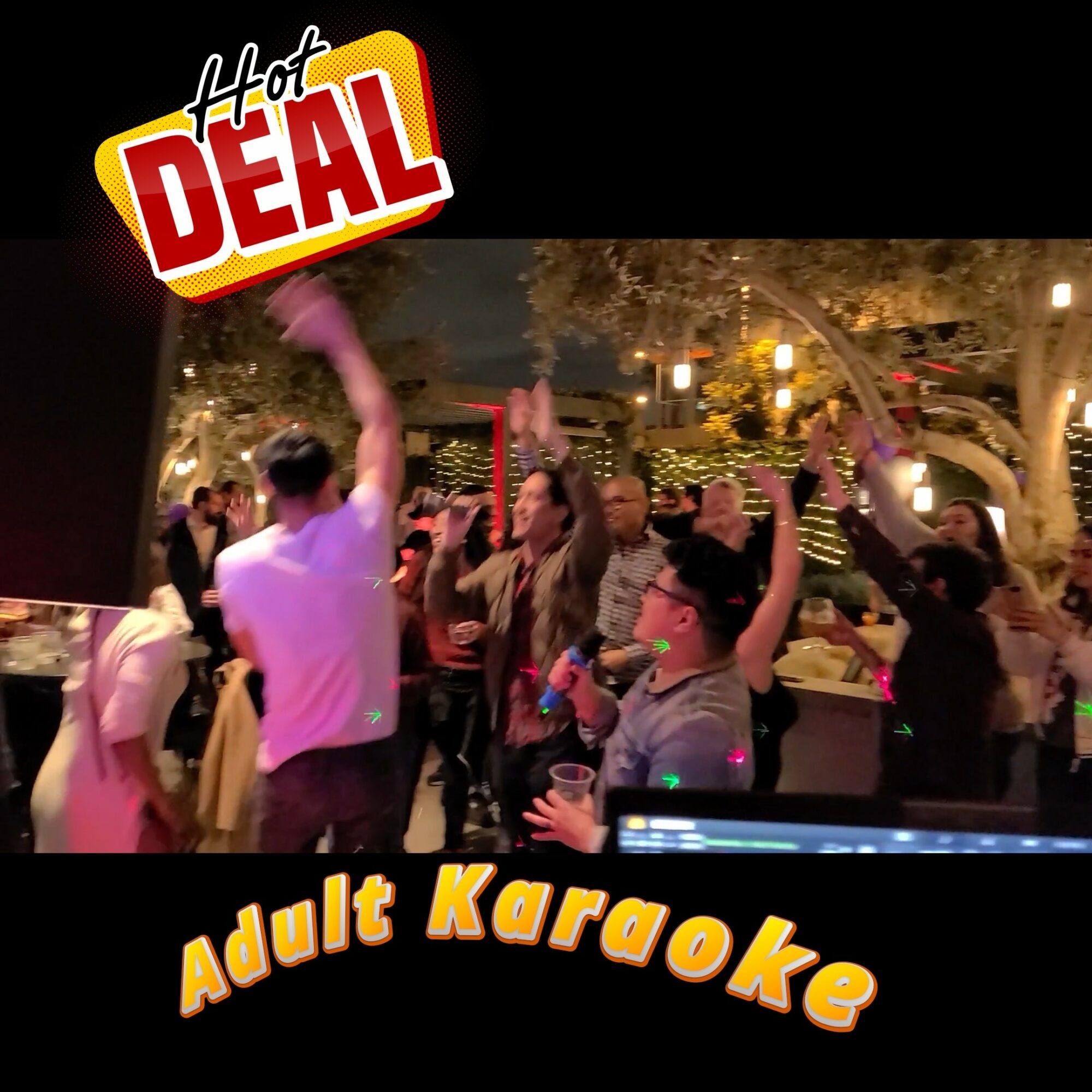 People dancing and singing at an outdoor adult karaoke event at night, with trees and string lights in the background.