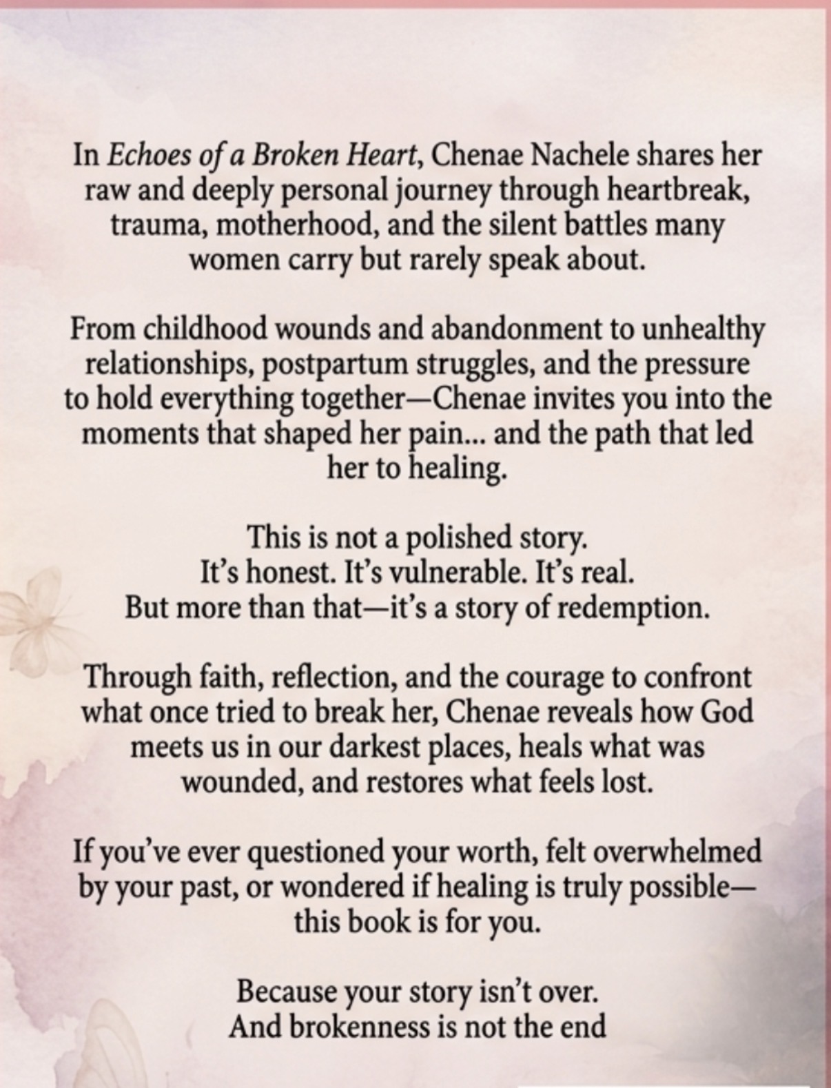 Text excerpt from a book about healing, faith, and redemption, with a pink background and black text.