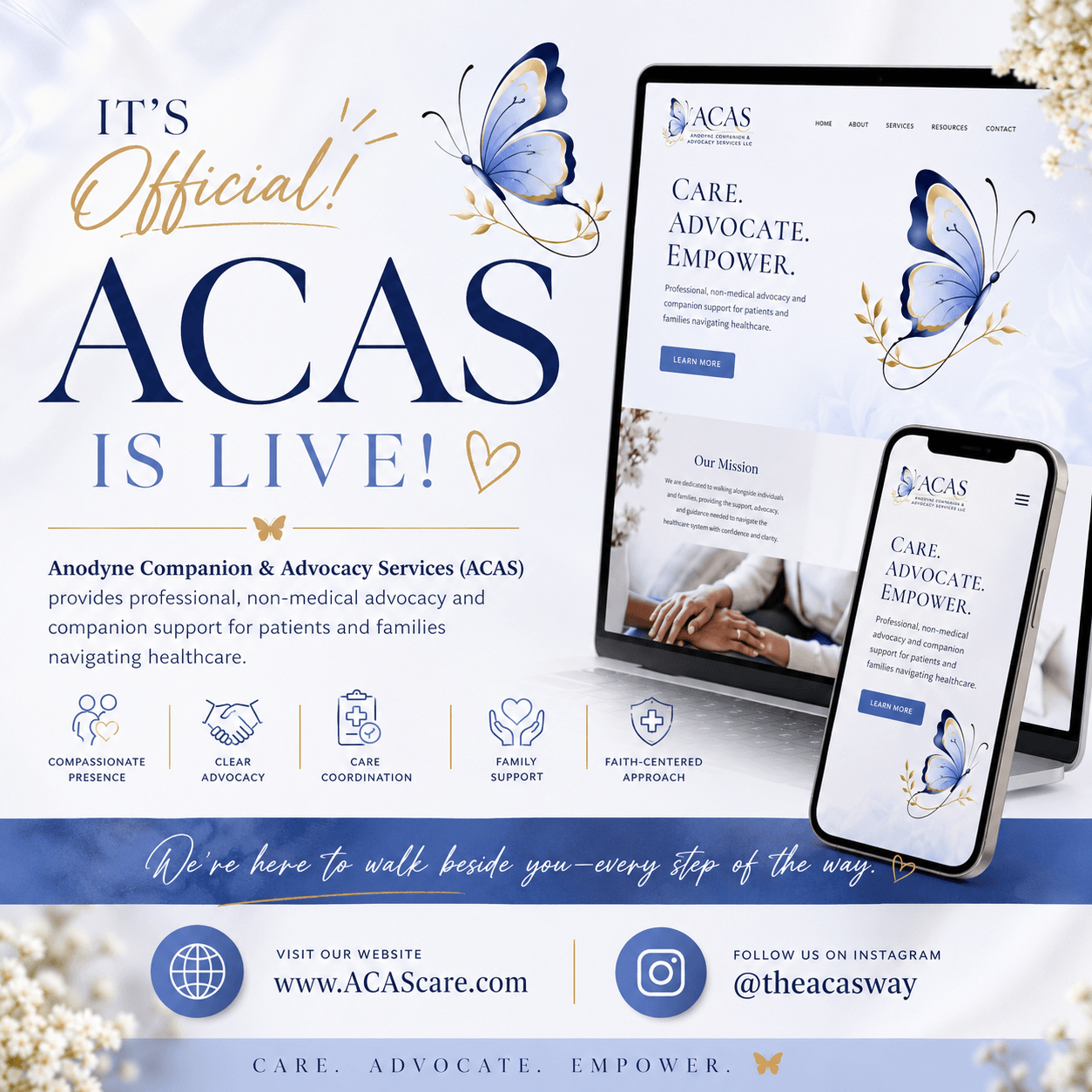 Promotional flyer for ACAS with butterfly images, text about advocacy, and website and social media icons.