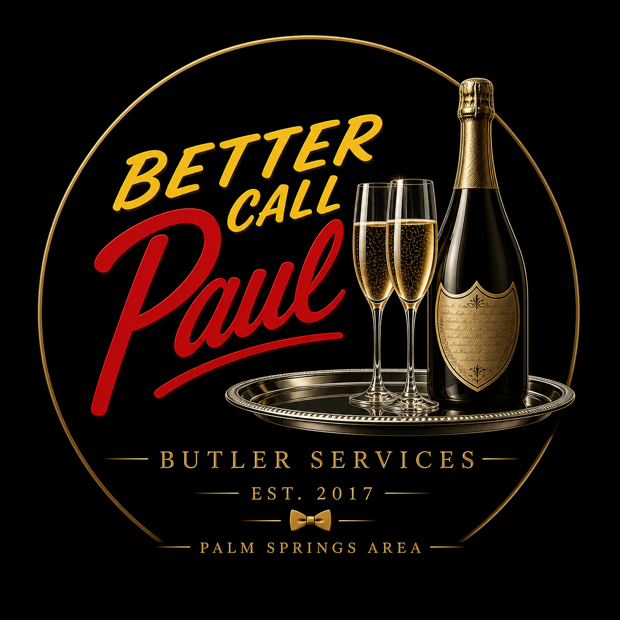 Logo with champagne bottle, two glasses, and text for Butler Services in Palm Springs area, established 2017.