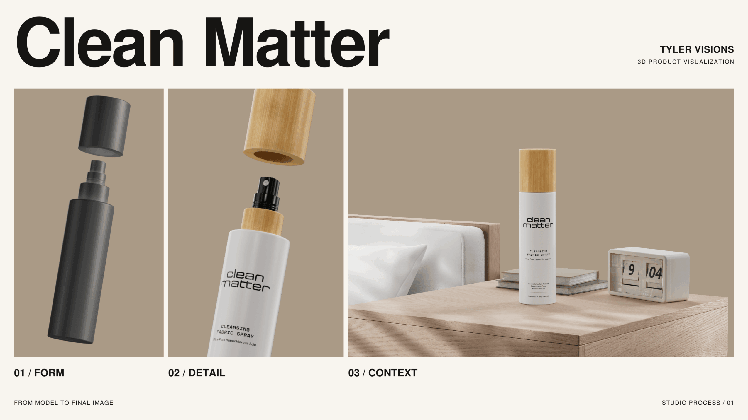 Three images of skincare products and a bed with a skincare bottle on a wooden surface, neutral background.