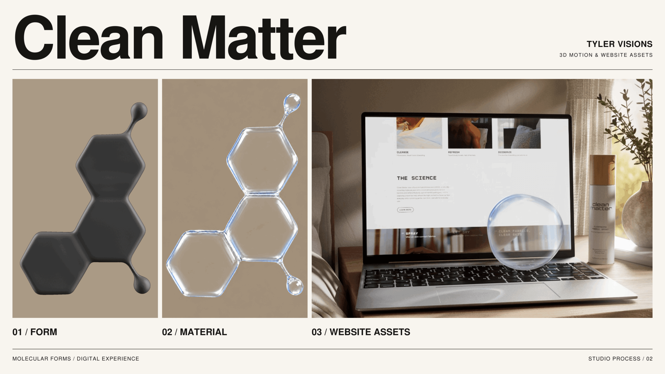 Banner titled 'Clean Matter' with images of hexagonal objects, a laptop screen, and website assets, with labels for form, material, and website assets.