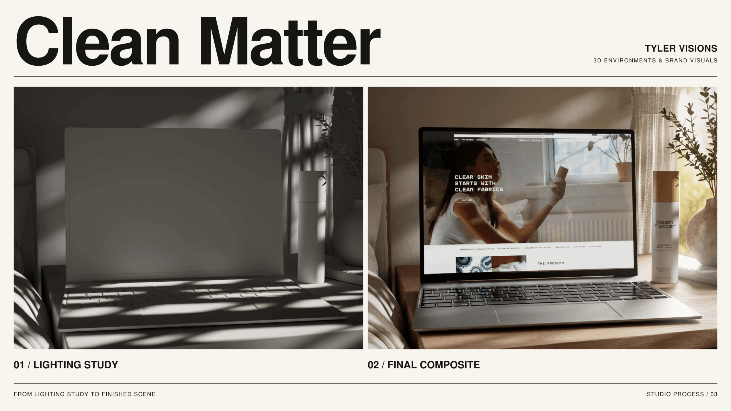 Two side-by-side images: one with shadows on a blank wall, the other showing a person on a laptop screen.